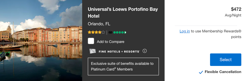 hotel booking screen on amex